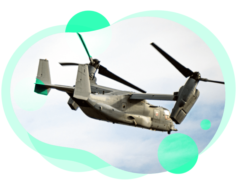 Image of an Air Force helicopter craft flying against a cloudy sky, the image is cropped to an organic round shape with light green overlays