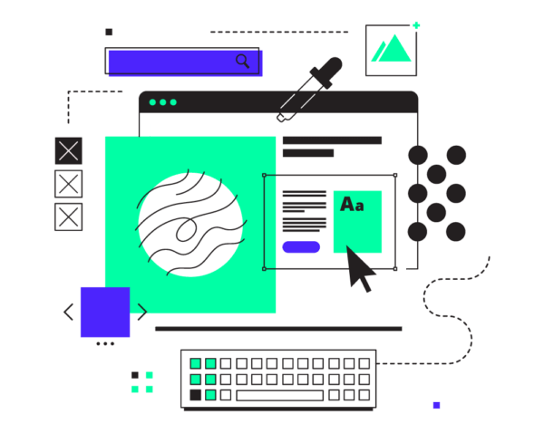 Black line art brain with data points and tools and gears representing AI and open source