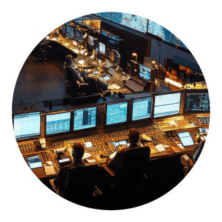 A dark image of a control room with personnel working at various stations with technical equipment, dashboards, and monitors