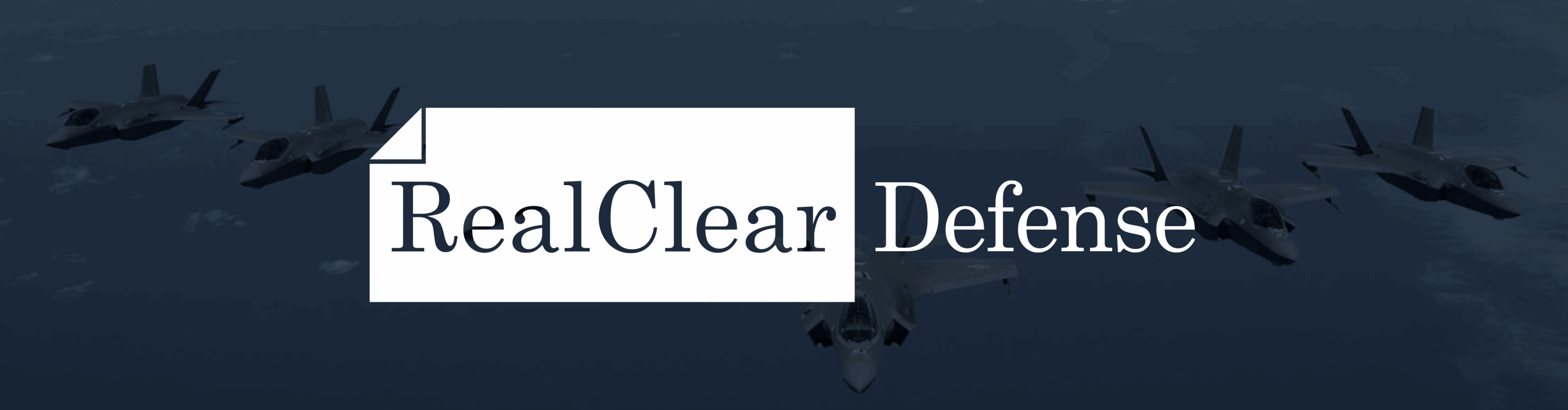 RealClearDefense Logo on top of a darkened image of U.S. jets flying in formation