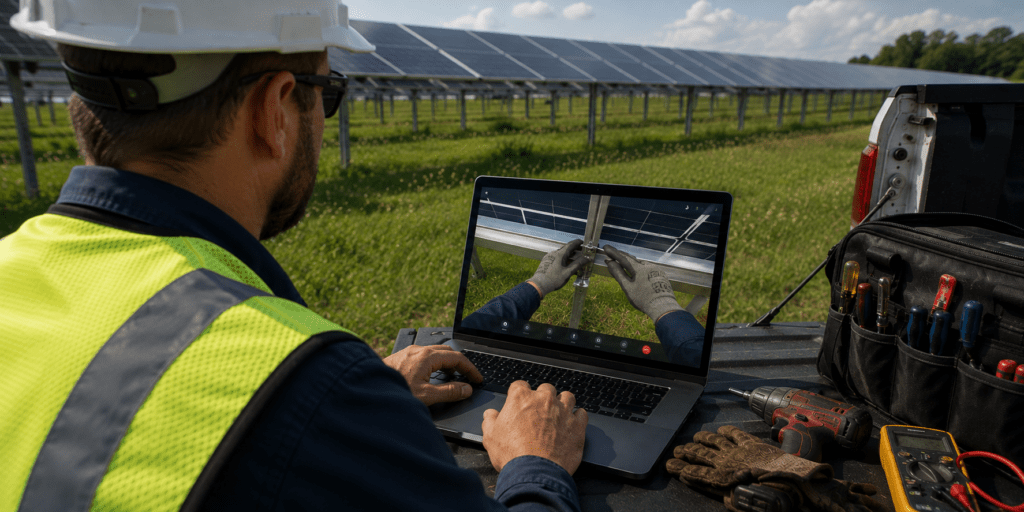 Sightline Remote Assistance for Solar Field Service Solar field technician viewing a live maintenance feed on a laptop beside a solar array