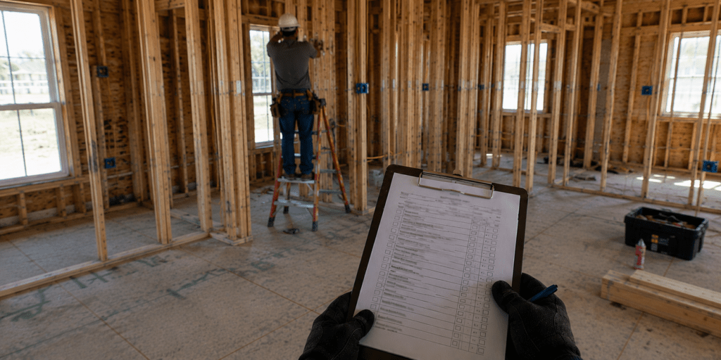 Sightline for Construction Inspections and Quality Assurance Construction inspector reviewing a quality assurance checklist inside a newly framed home