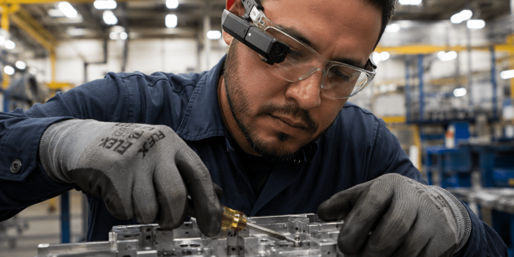 Sightline Wearable Technology for Manufacturing Operations Manufacturing technician wearing a connected camera while working on a precision metal component